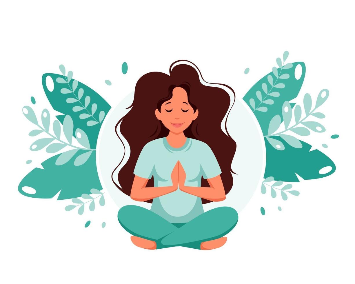 donna meditando su foglie di sfondo. stile di vita sano, yoga, meditazione, relax, ricreazione. illustrazione vettoriale. vettore