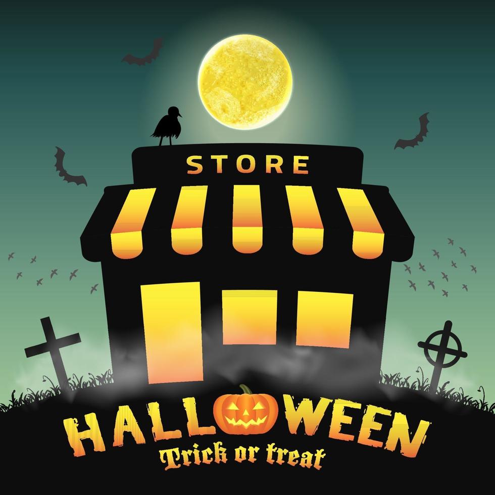 negozio di halloween negozio aperto nel cimitero di notte vettore