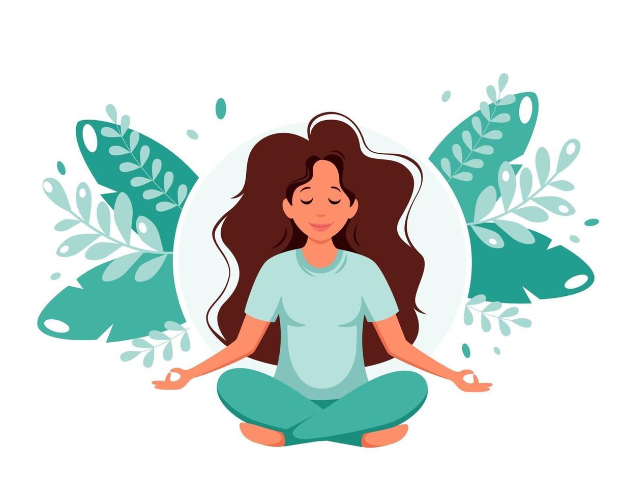 donna meditando su foglie di sfondo. stile di vita sano, yoga, meditazione, relax, ricreazione. illustrazione vettoriale. vettore