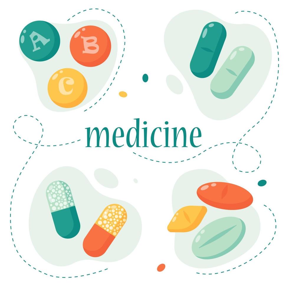 set di pillole. concetto di medicina e prodotti farmaceutici. pillole multicolori. illustrazione vettoriale in uno stile piatto.