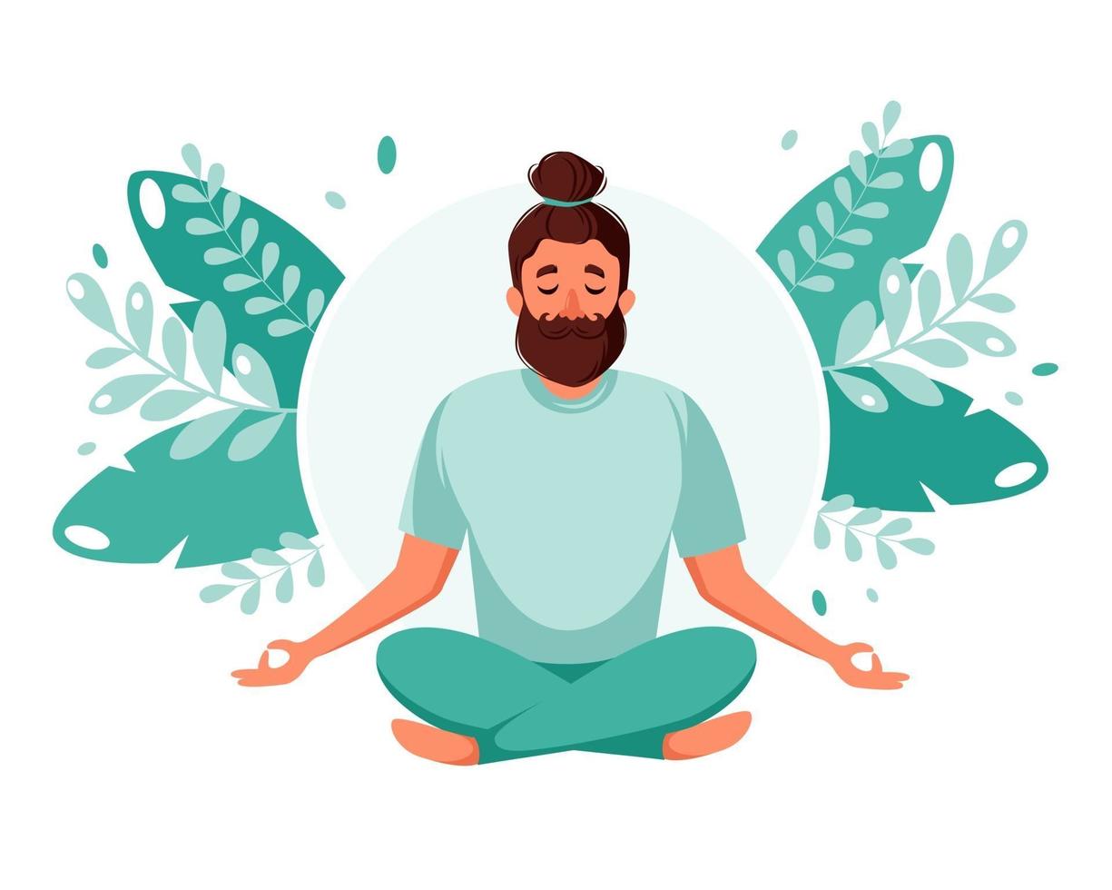 uomo che medita. stile di vita sano, yoga, meditazione, relax, ricreazione. illustrazione vettoriale. vettore