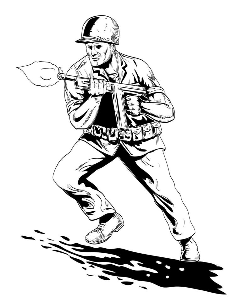 mondo guerra Due americano gi soldato licenziare tommy pistola davanti Visualizza i fumetti stile disegno vettore