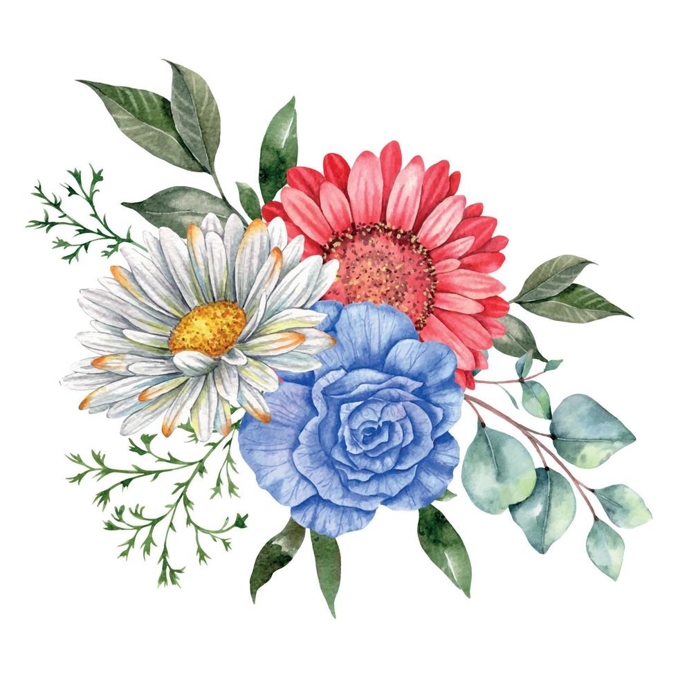 4 ° di luglio patriottico concetto. indipendenza giorno design elemento. mano dipinto acquerello floreale arrangiamento . botanica illustrazione vettore