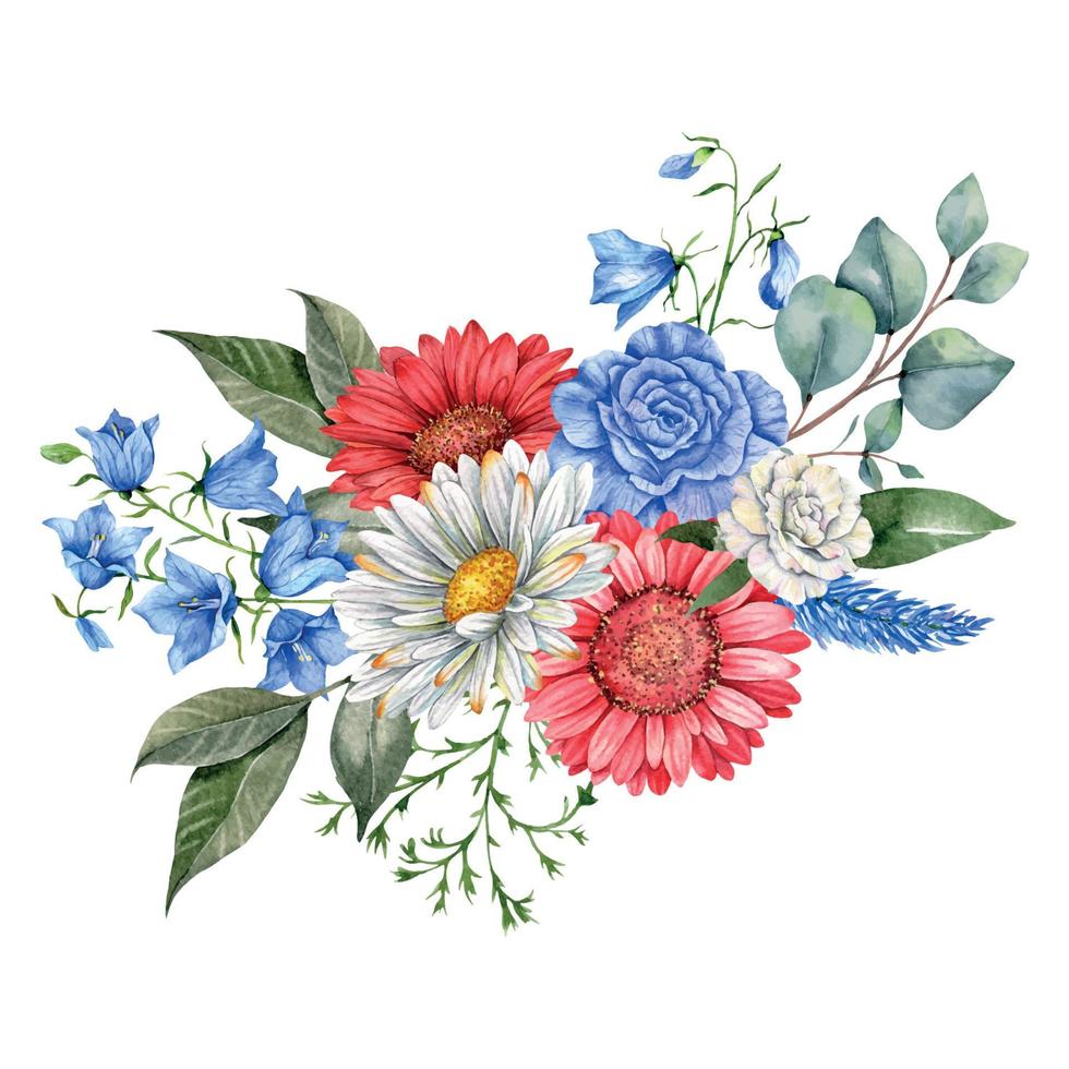 4 ° di luglio patriottico concetto. indipendenza giorno design elemento. mano dipinto acquerello floreale arrangiamento . botanica illustrazione vettore