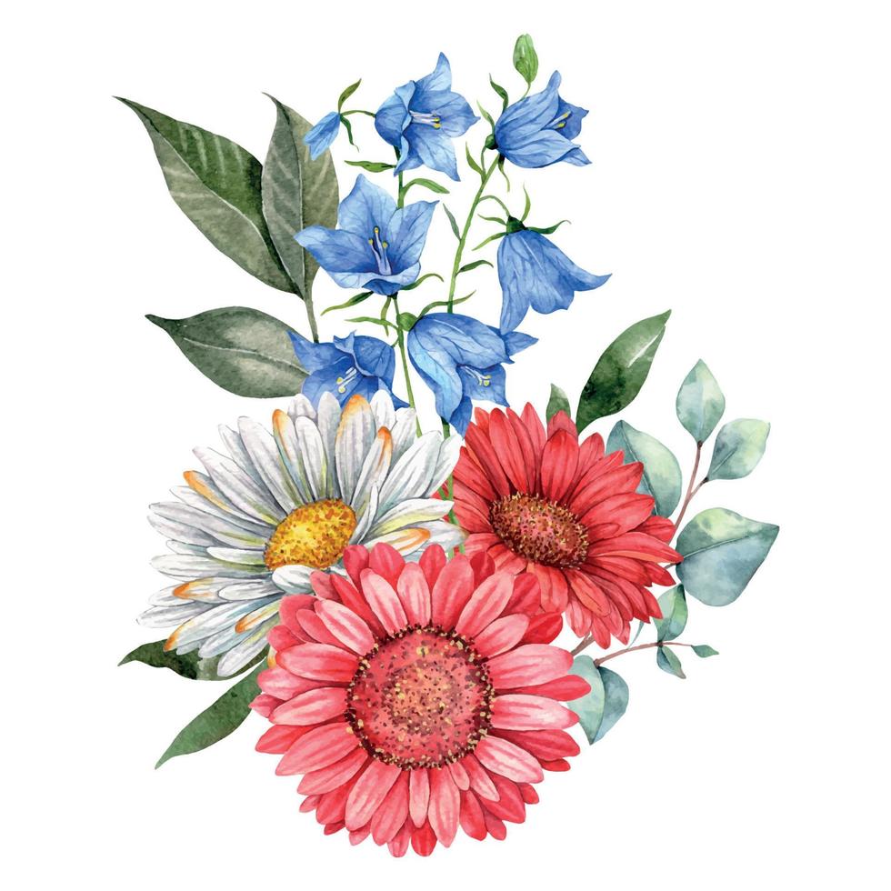 4 ° di luglio patriottico concetto. indipendenza giorno design elemento. mano dipinto acquerello floreale arrangiamento . botanica illustrazione vettore