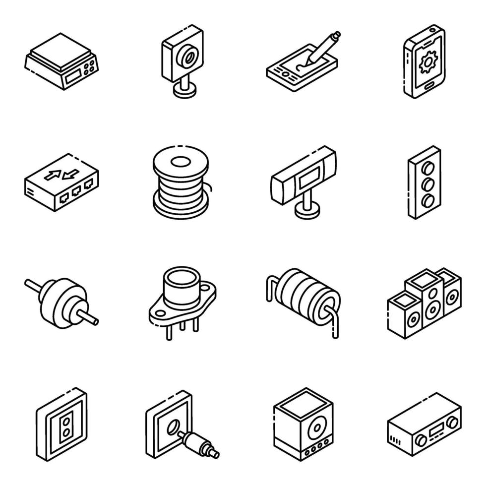 set di icone isometriche del sistema audio e dei diodi della batteria vettore