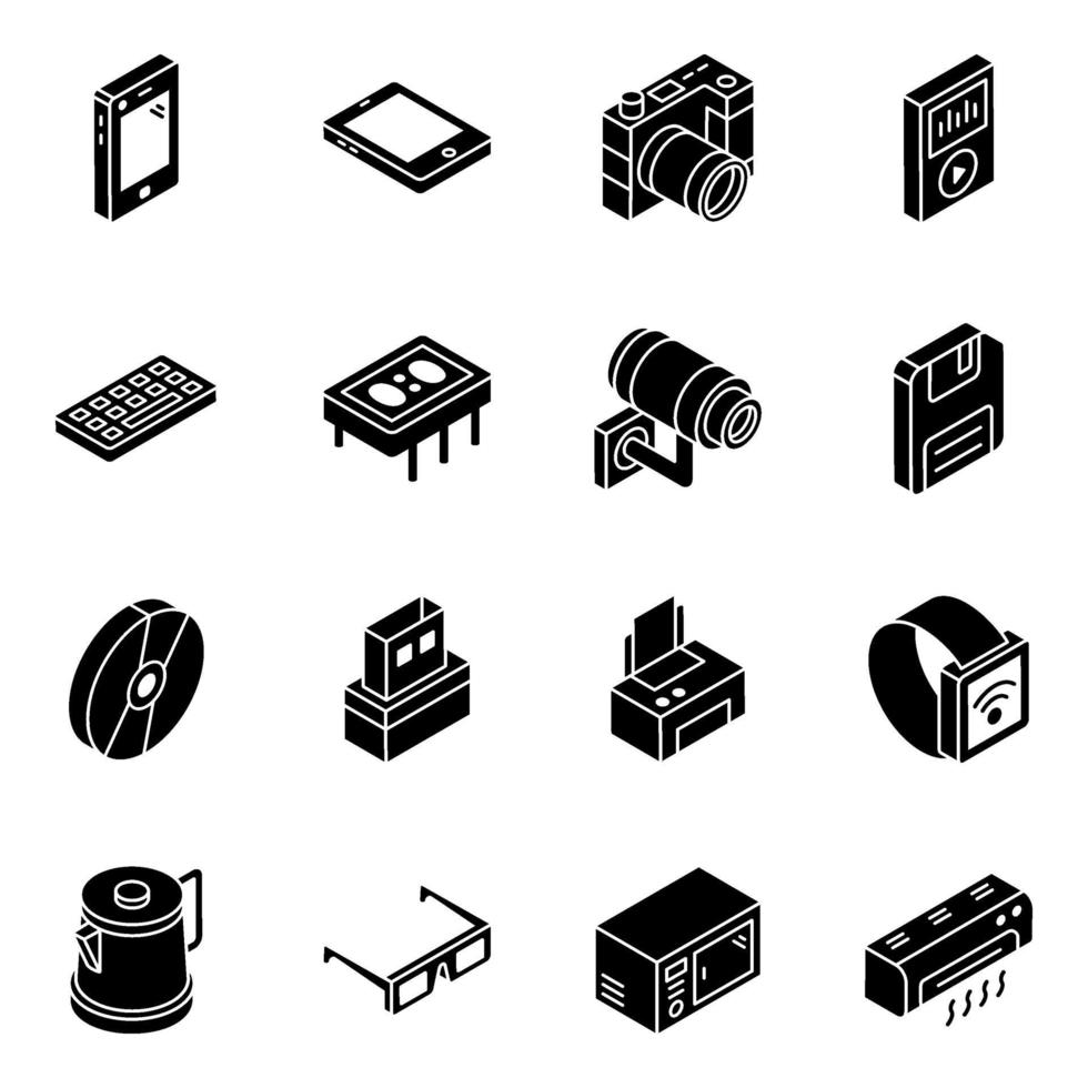 set di icone isometriche di elementi di apparecchi elettronici vettore