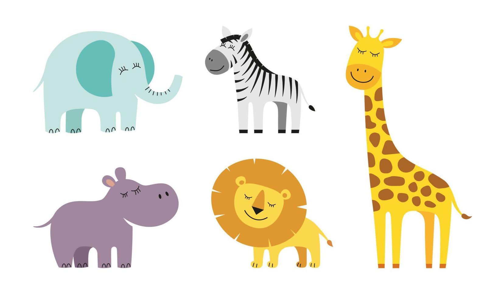carino cartone animato stile giraffa, elefante, Leone, zebra e ippopotamo. disegno africano bambino selvaggio animale impostare. genere sorridente giungla safari animali collezione. vettore eps creativo grafico mano disegnato stampe