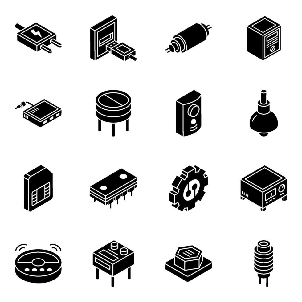 set di icone isometriche di componenti elettronici e condensatori vettore