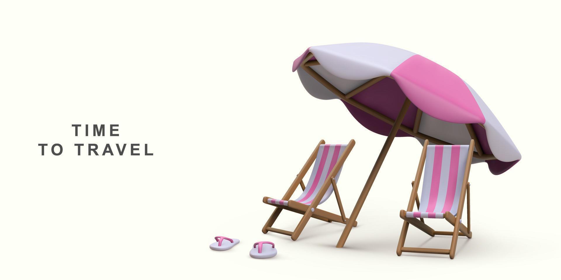 3d realistico estate vacanza concetto con spiaggia sedia, ombrellone e estate elementi. vettore illustrazione.