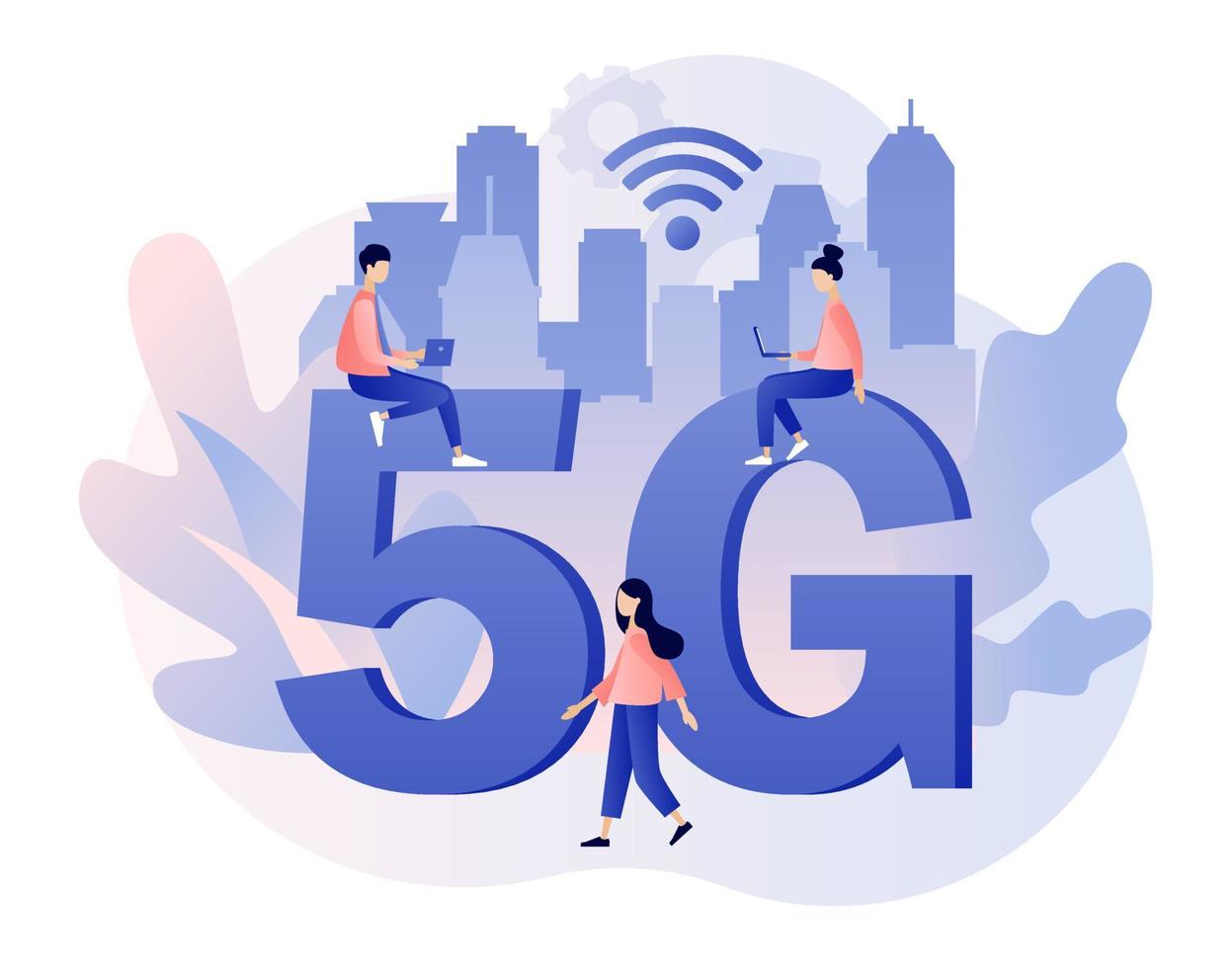 grande lettere 5g e minuscolo persone con gadget uso alta velocità Internet. 5g Rete senza fili tecnologia. moderno piatto cartone animato stile. vettore illustrazione su bianca sfondo