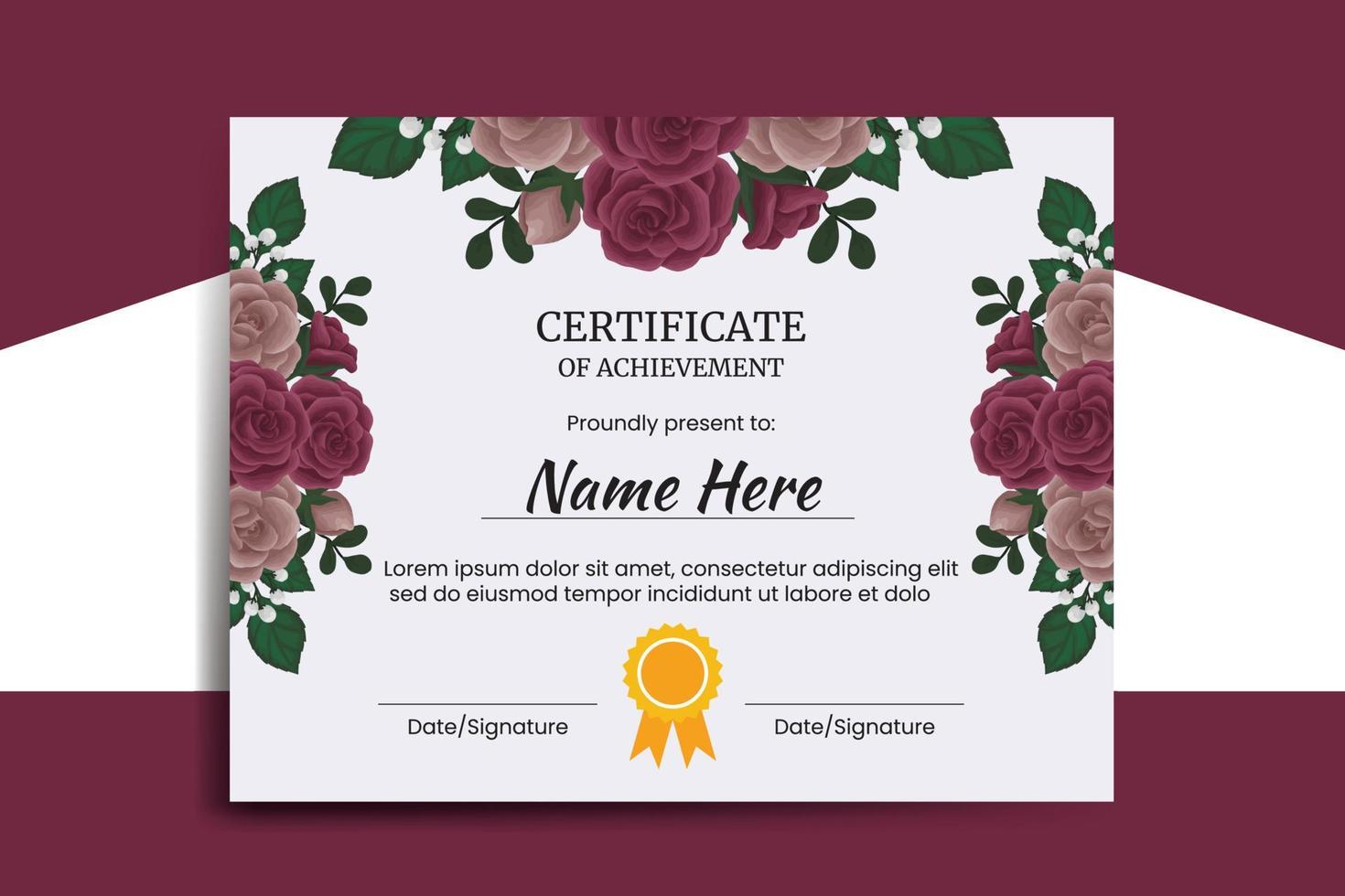 certificato modello marrone rosa fiore acquerello digitale mano disegnato vettore