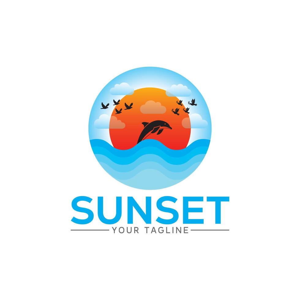 tramonto logo vettore illustrazione includere nube, sole, uccello, cielo, pesce e onda.