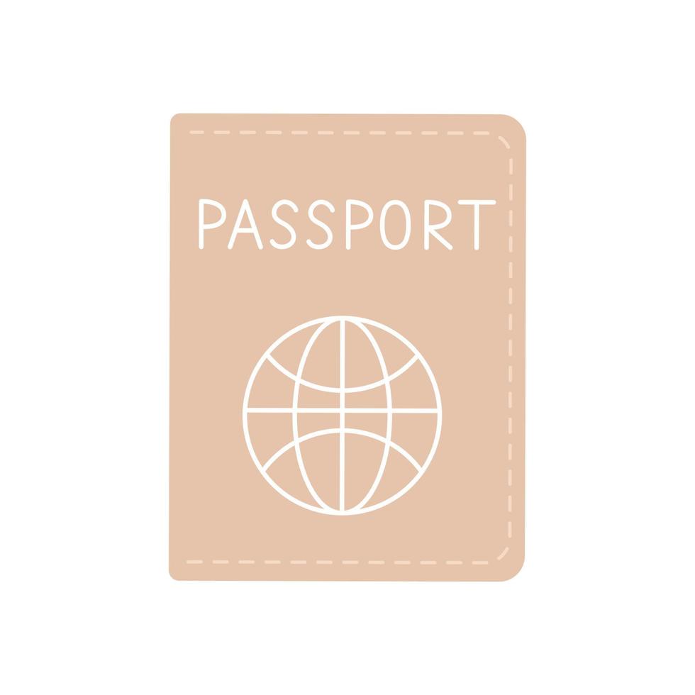 passaporto nel beige pelle copertina con Cucitura e semplice globo. identificazione documento di un' cittadino. viaggiare, turismo e immigrazione concetto. vettore piatto illustrazione isolato su bianca sfondo
