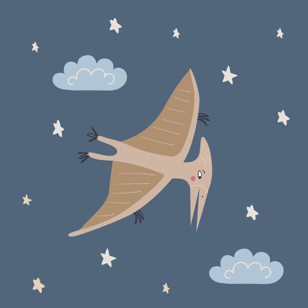 un' carino dinosauro mosche tra il stelle e nuvole. cartone animato pterodattillo nel il cielo vettore illustrazione.