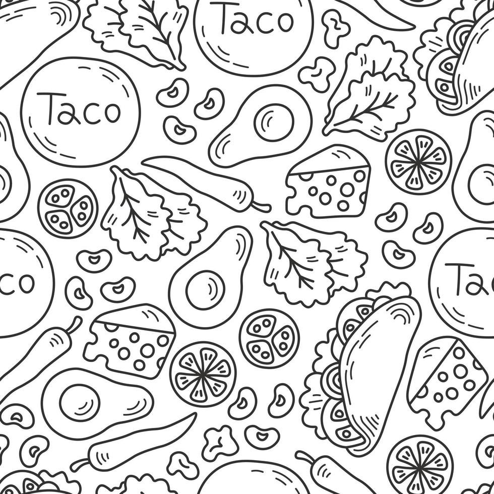 taco ingredienti lettering senza soluzione di continuità modello scarabocchio vettore