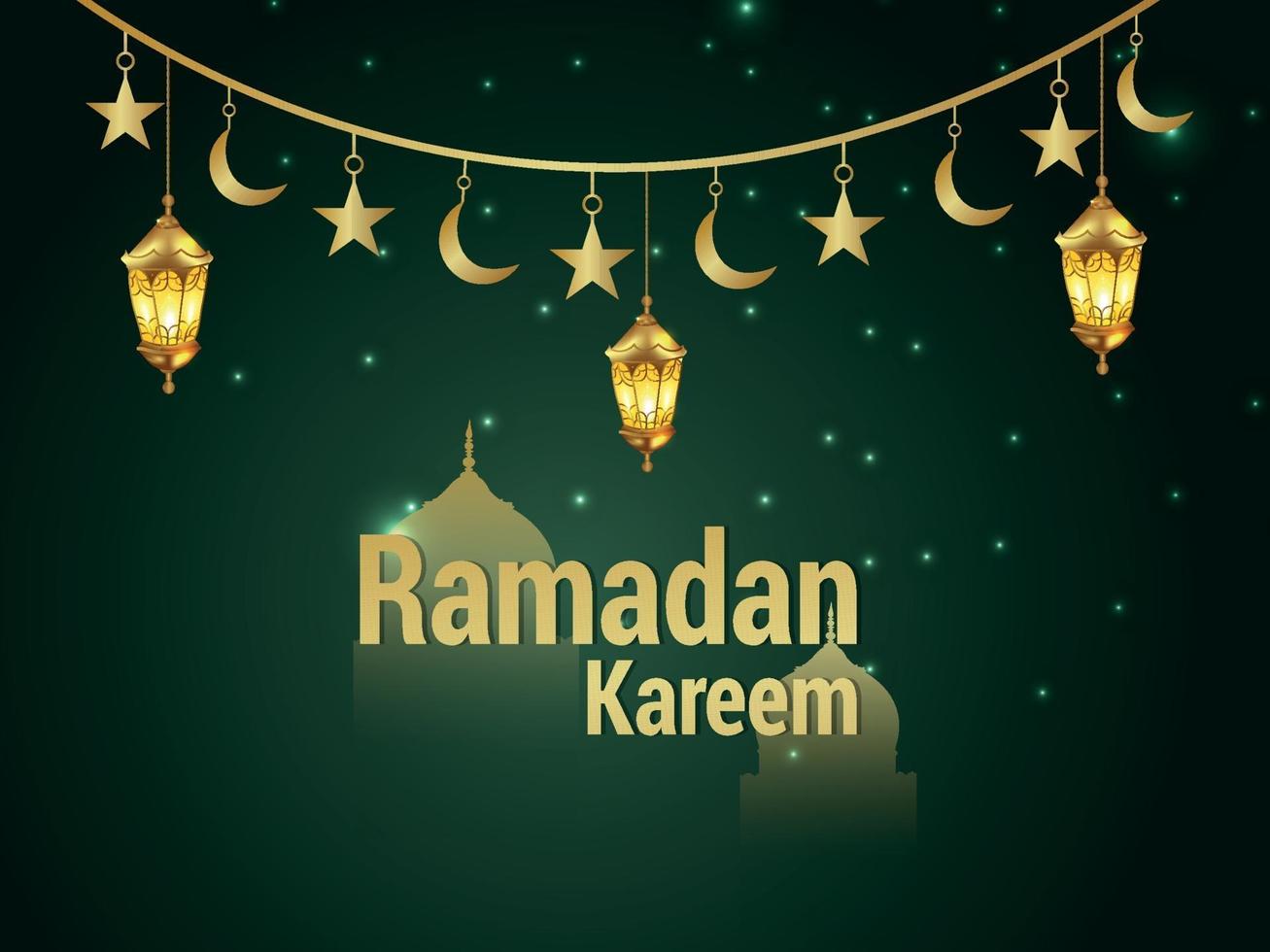 festival islamico della cartolina d'auguri di celebrazione del ramadan kareem con la lanterna araba di vettore su fondo verde