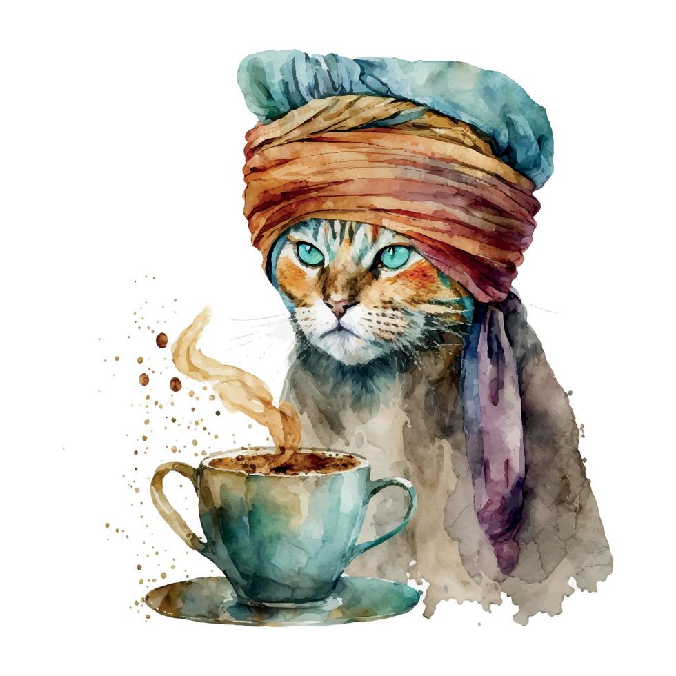 Turco gatto con caffè tazza. musulmano gatto con turbante. acquerello vettore illustrazione per caffè case. isolato su bianca sfondo. può essere Usato per menù