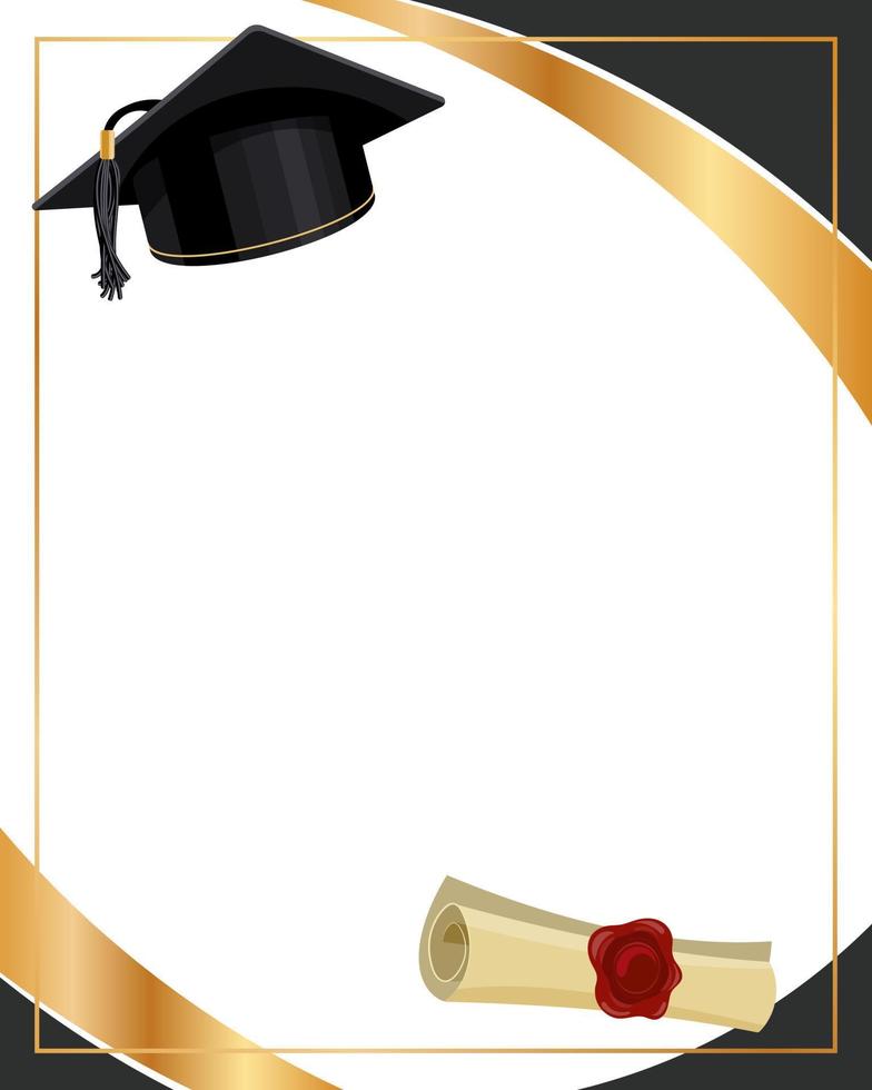 sfondo con la laurea berretto e papiro certificato. d'oro nero design per la laurea diploma, premi. formazione scolastica concetto.vettore vettore
