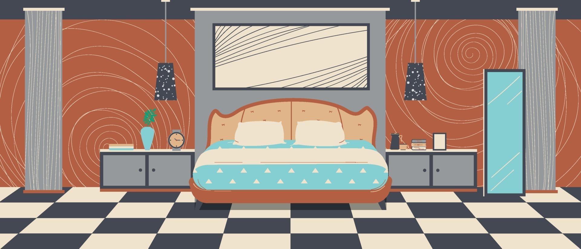 design della camera da letto, soggiorno con letto a tema marrone interno. vettore