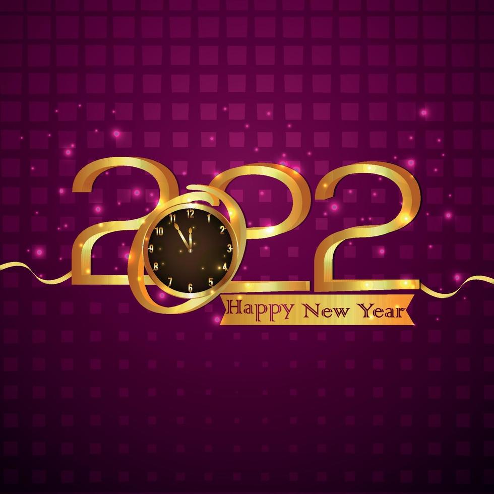 carta di celebrazione di felice anno nuovo 2022 con orologio da parete su sfondo viola vettore