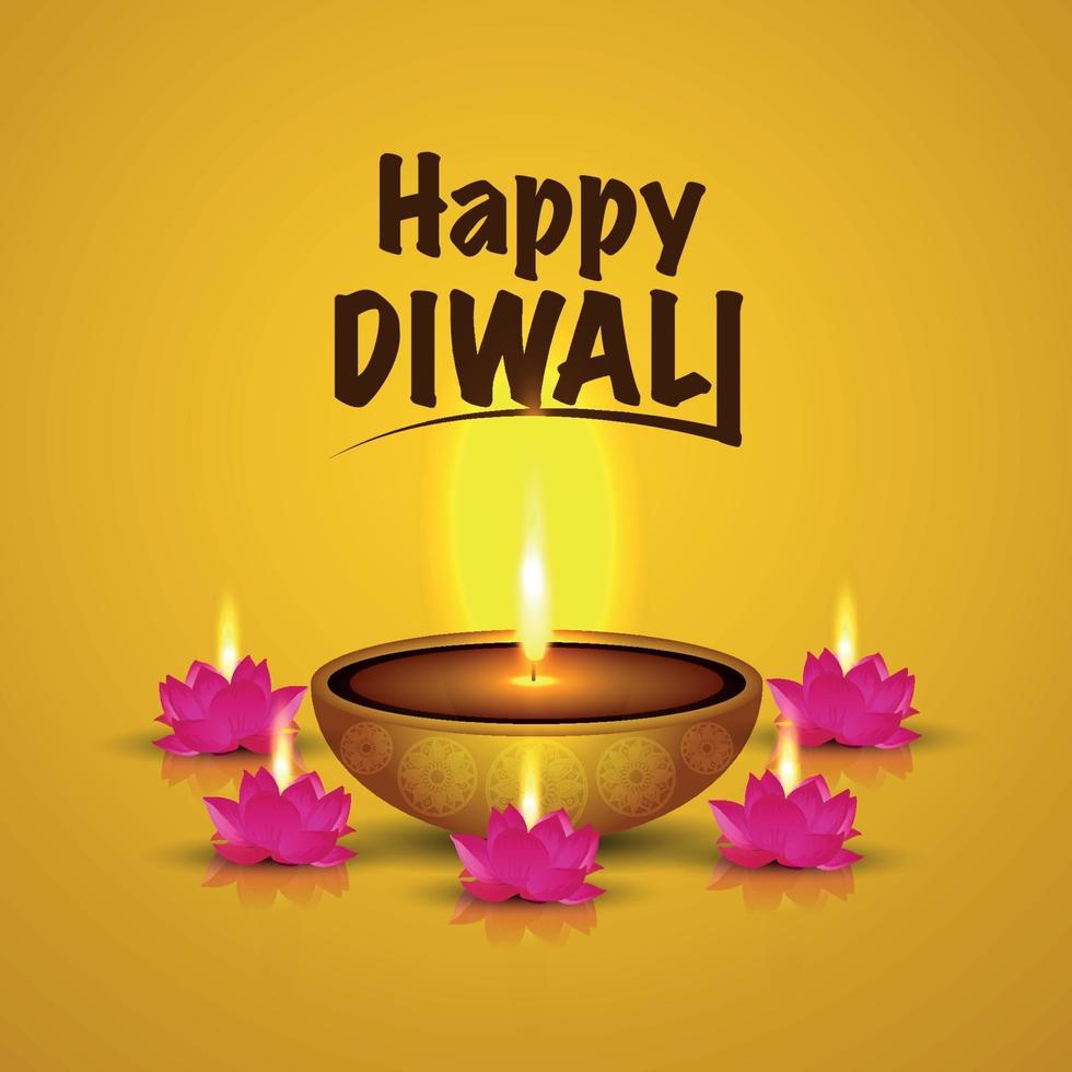 festival indiano del biglietto di auguri di celebrazione felice di diwali con diwali diya in fiamme vettore