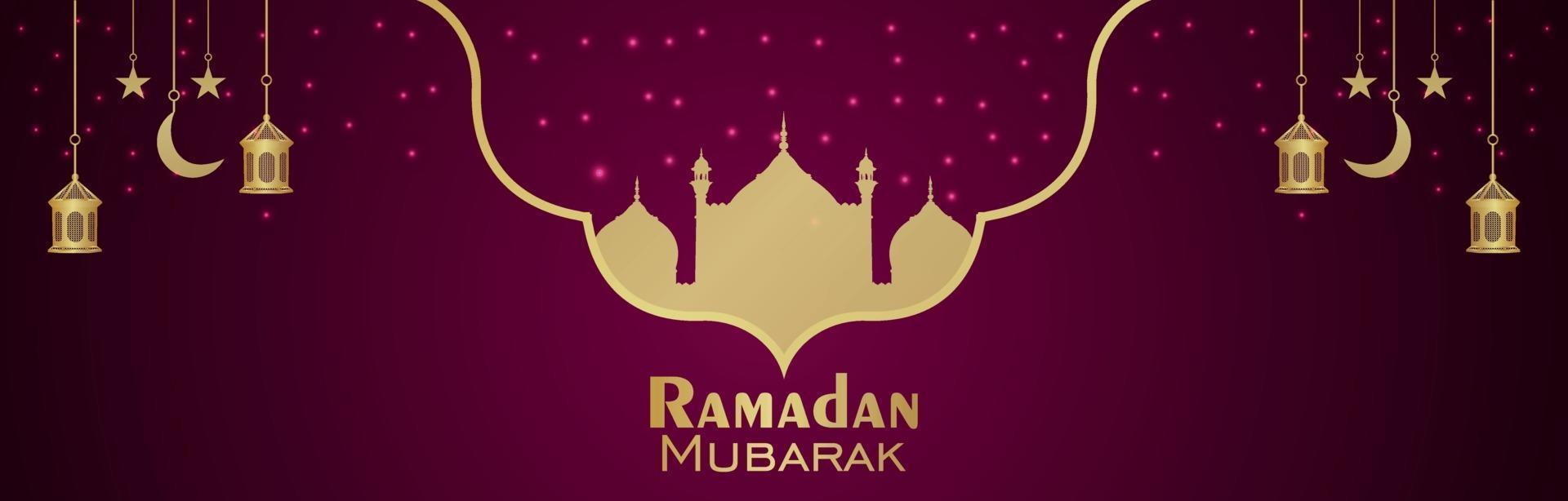 banner di invito festival islamico di ramadan kareem o intestazione con lanterne dorate vettore