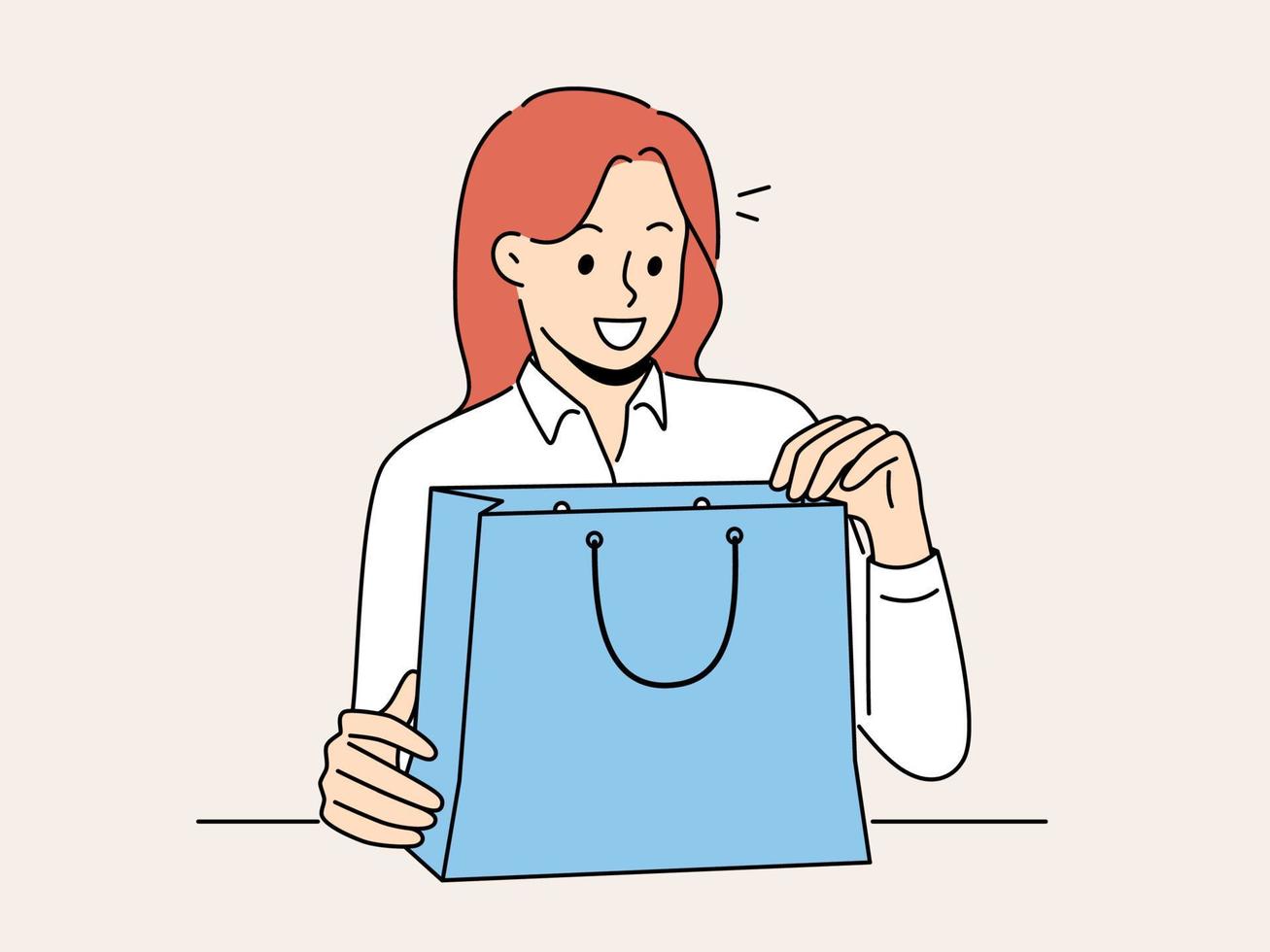 sorridente donna disimballare Borsa con presente o regalo. contento ragazza Aperto shopping Borsa con ordine eccitato con consegna. consumismo e maniaco dello shopping. vettore illustrazione.