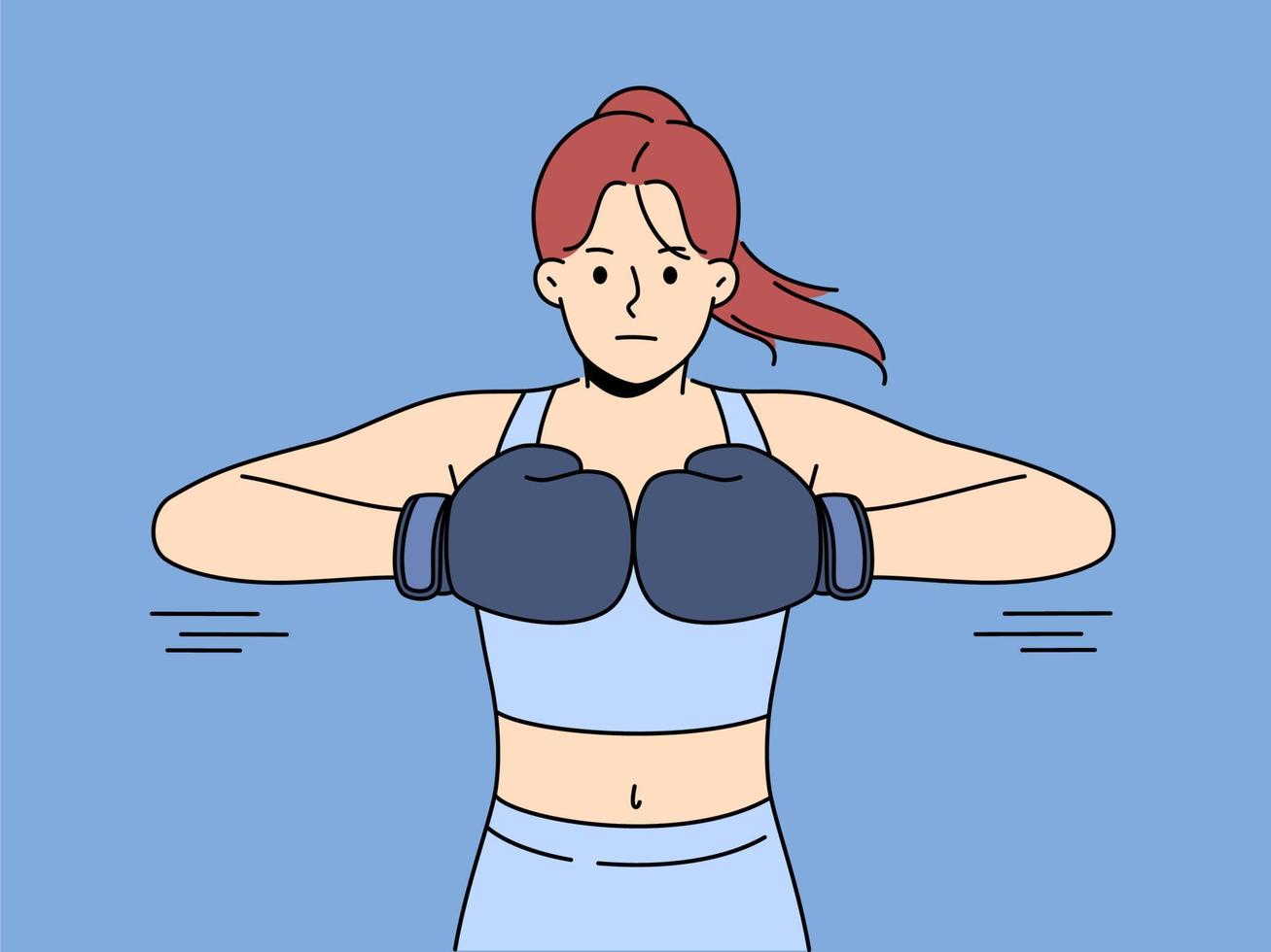 potente donna nel abbigliamento sportivo con boxe guanti preparare per formazione o allenarsi nel palestra. forte ragazza pugile pronto per allenamento. sport e esercizio. vettore illustrazione.