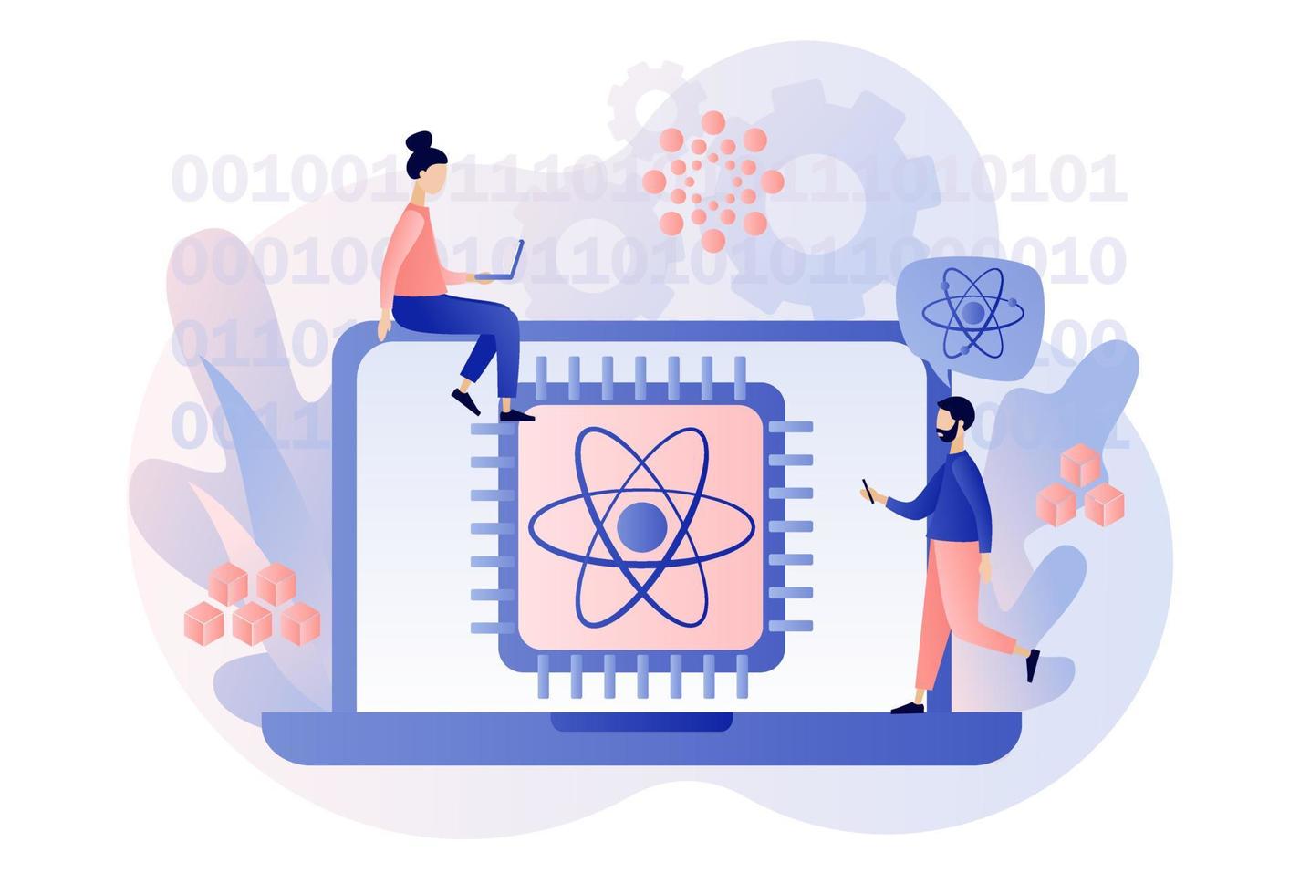 grande dati. quantistico calcolo concetto. ottico tecnologia, fotonica ricerca. minuscolo persone ingegneri e scienziati Lavorando con quantistico computer patata fritta. moderno piatto cartone animato stile. vettore illustrazione