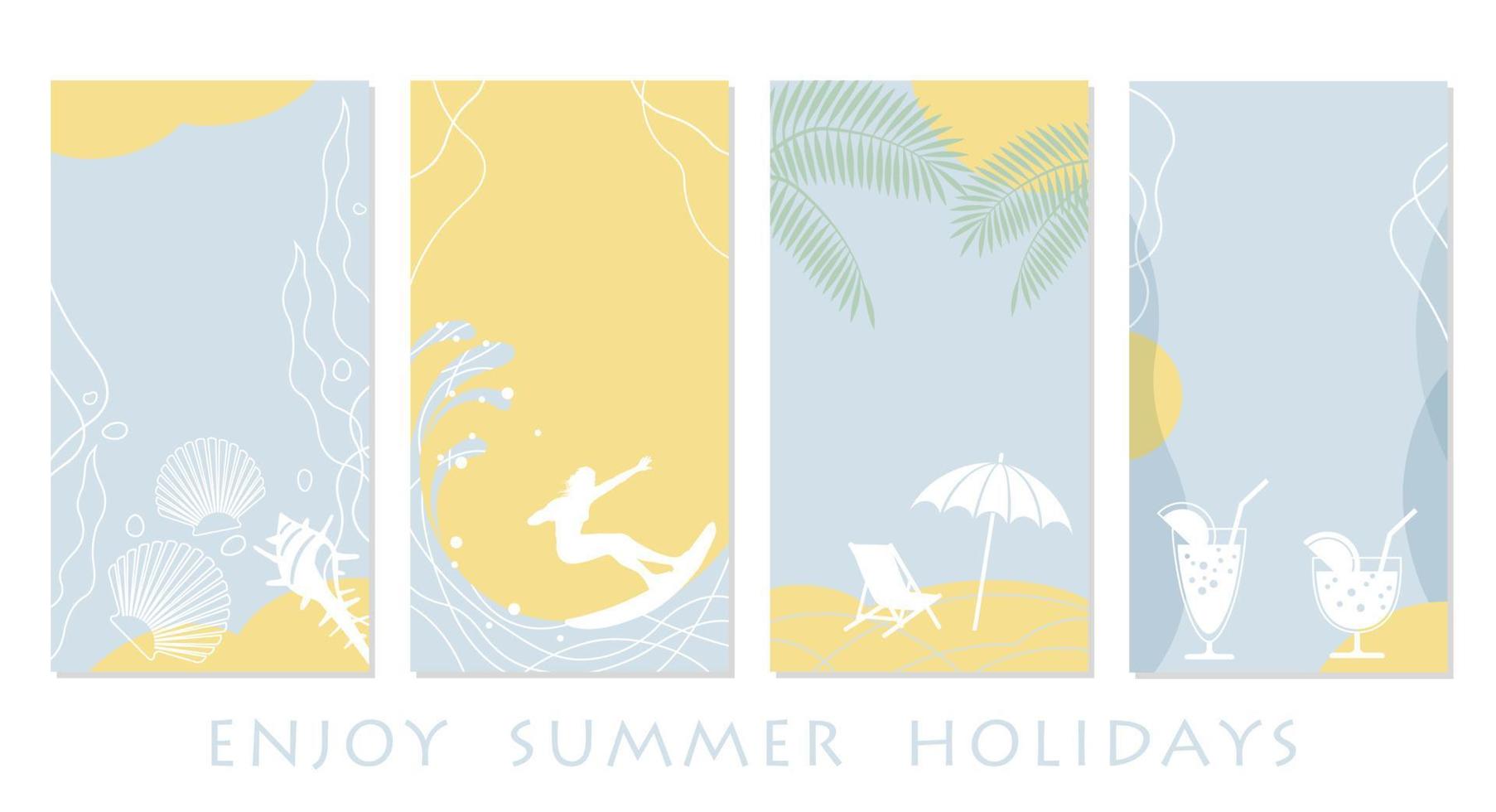vettore colori pastello estate saluto carta modello impostato con spiaggia, oceano, cielo, e testo spazio isolato su un' bianca sfondo.