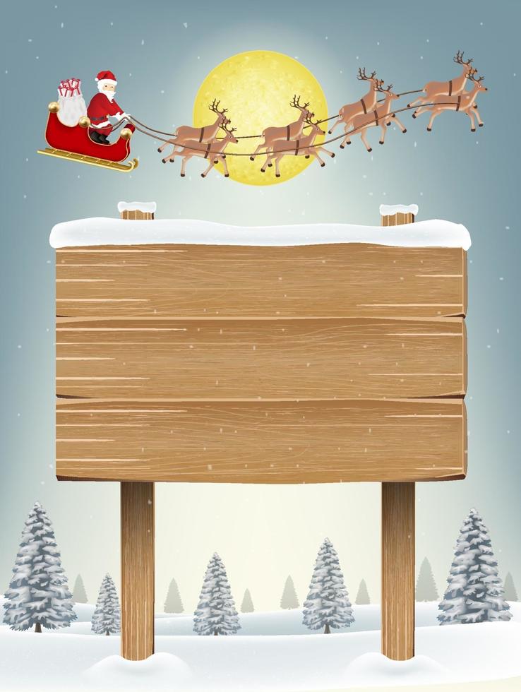 cartello in legno con Babbo Natale e renne vettore