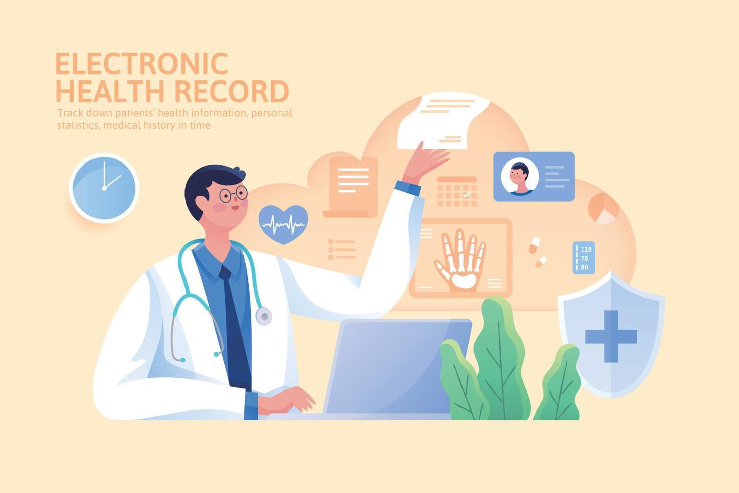 concetto di elettronico Salute disco, medico utilizzando ehr per rendere suono decisioni e raccomandazioni per paziente vettore