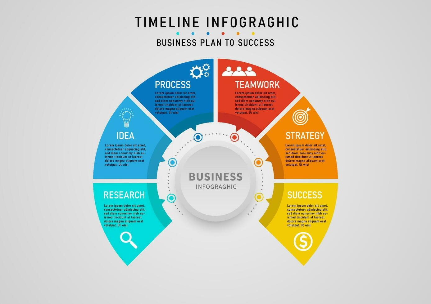 Infografica attività commerciale pianificazione il cerchio è diviso in 6 multicolore pezzi. il cerchio pulsante nel il centro. Là siamo vario personaggi e icone. su un' grigio pendenza sfondo vettore