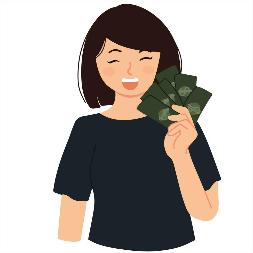 contento donna con i soldi nel sua mano illustrazione vettore