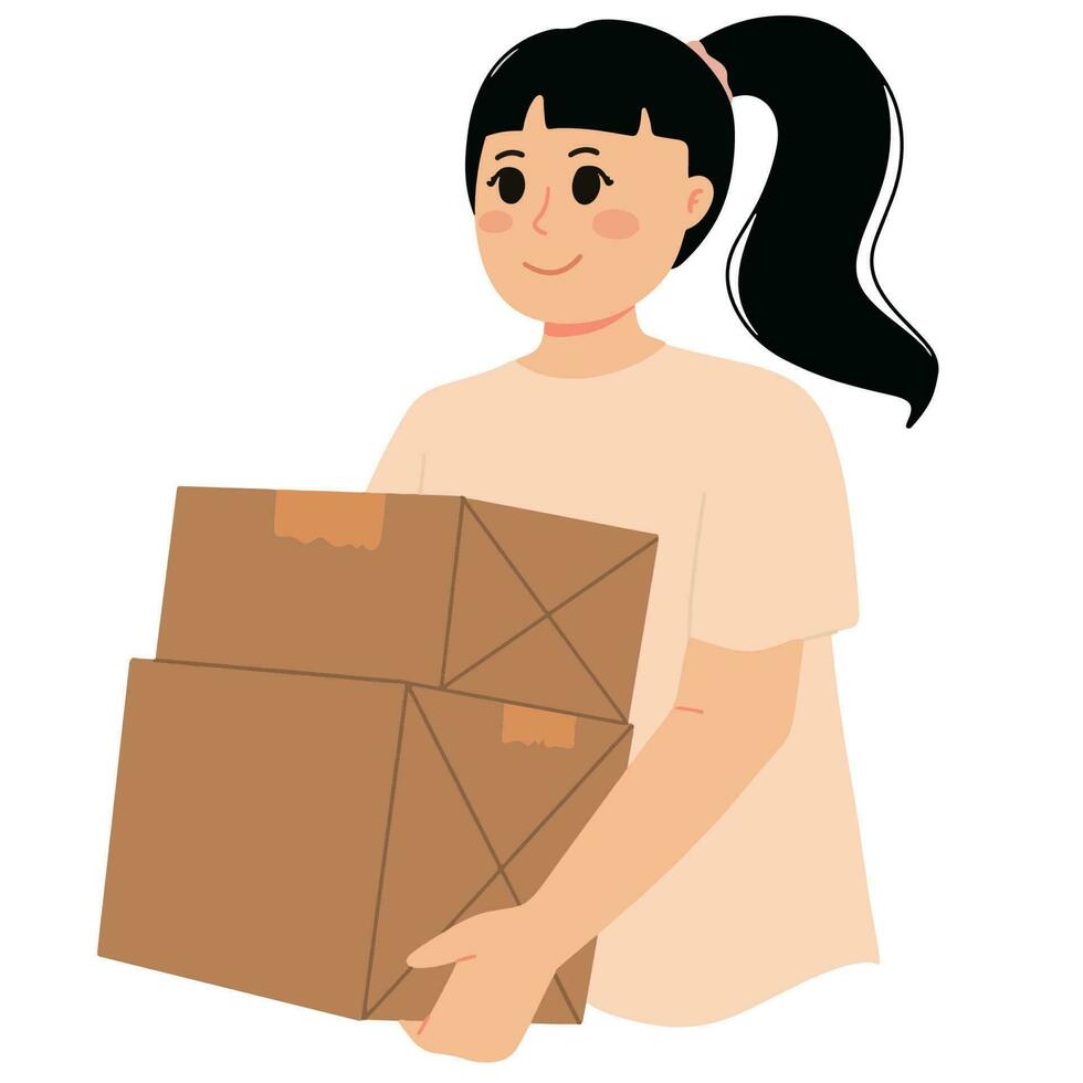 donna trasportare un' scatola in movimento concetto illustrazione vettore