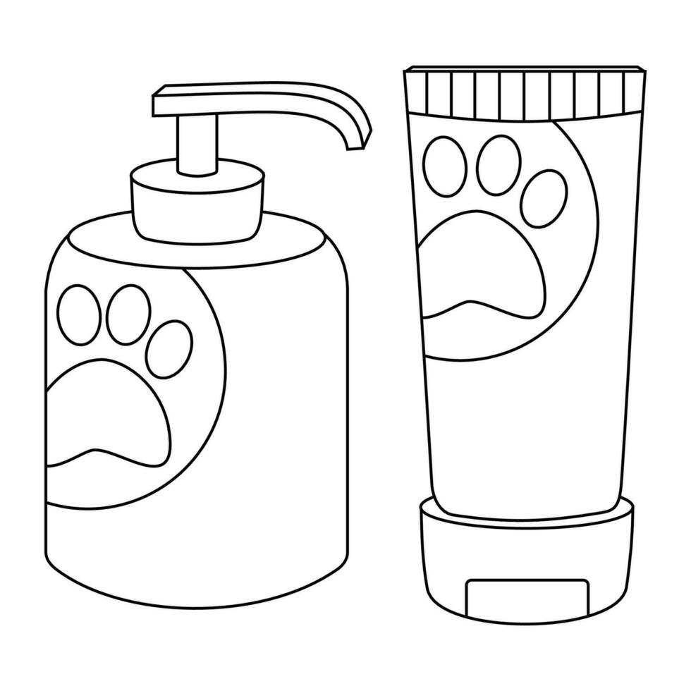 un' impostato di shampoo con un' distributore e zampe per animali, gatti, cani, animale cura. vettore