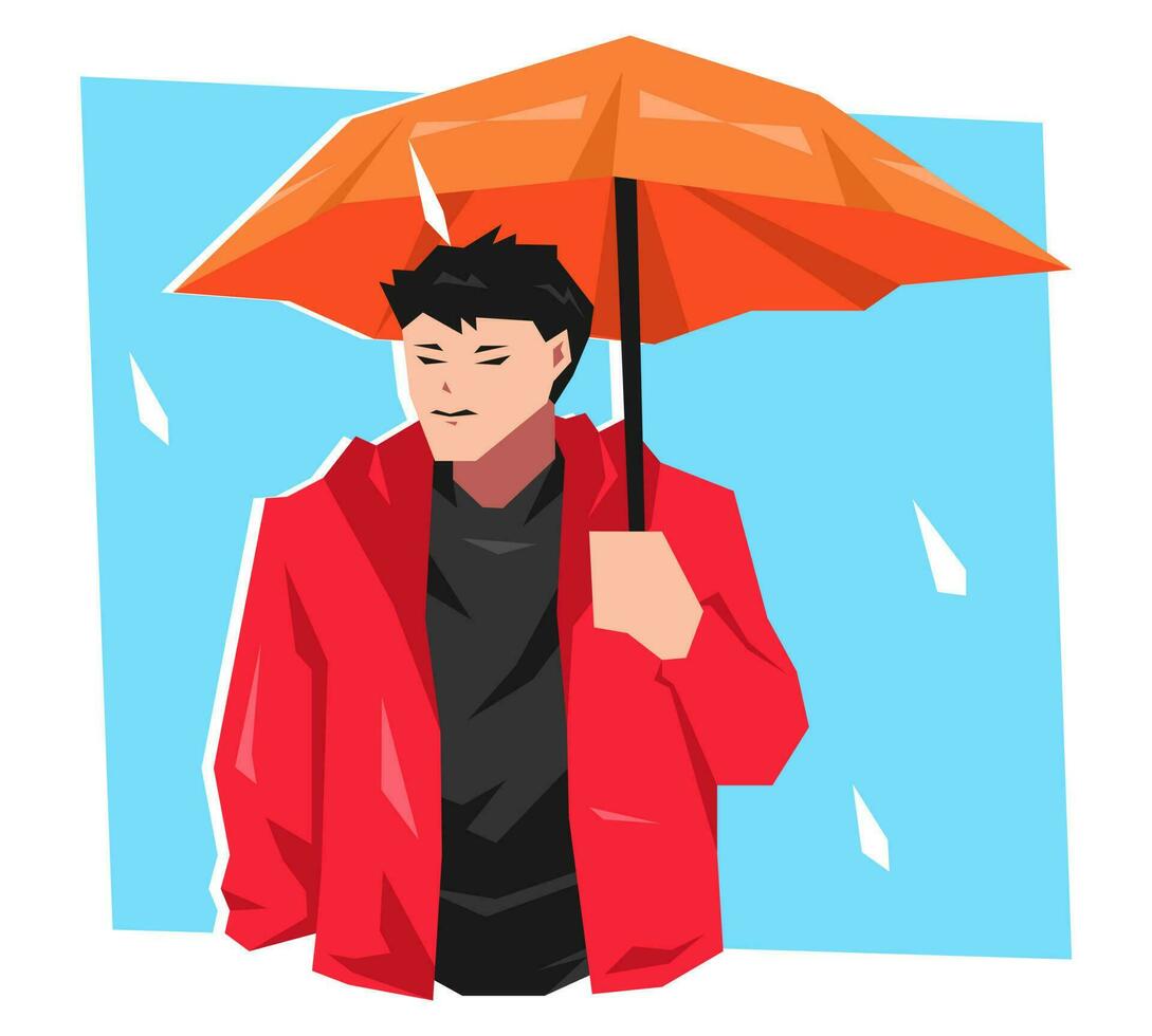 adolescenziale ragazzo indossare ombrello quando esso piove. isolato su blu sfondo con gocce di pioggia. cartone animato piatto vettore illustrazione.