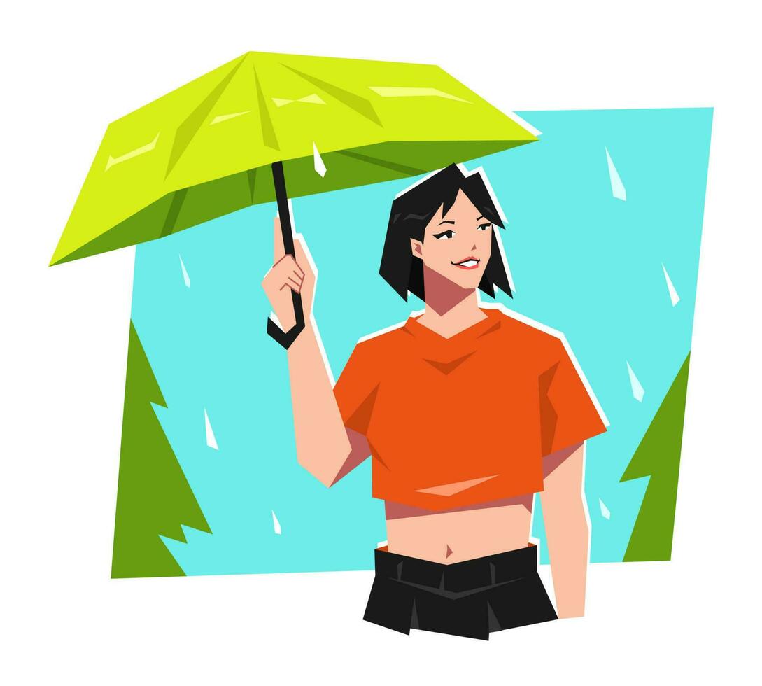 bellissimo adolescenziale ragazza indossare un ombrello nel il pioggia. allegro donna. isolato su blu cielo sfondo con alberi e gocce di pioggia. cartone animato piatto vettore illustrazione.