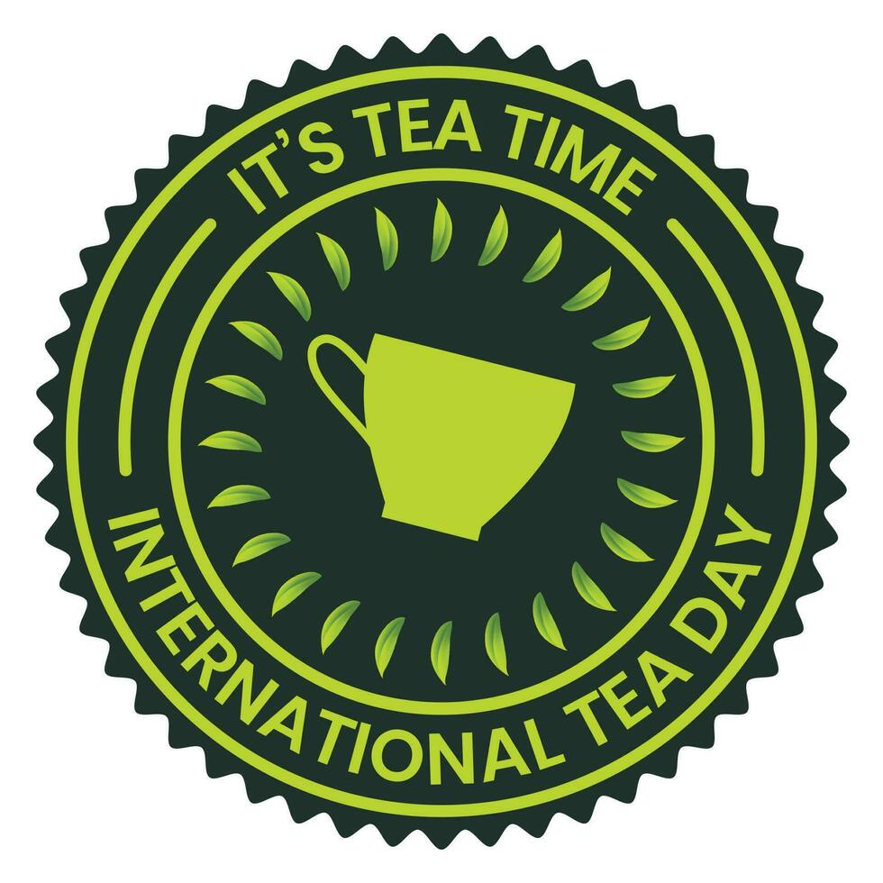 internazionale tè giorno distintivo disegno, emblema, logo, gomma da cancellare francobollo, sigillo, striscione, etichetta, tè giorno maglietta design con tè foglia vettore illustrazione