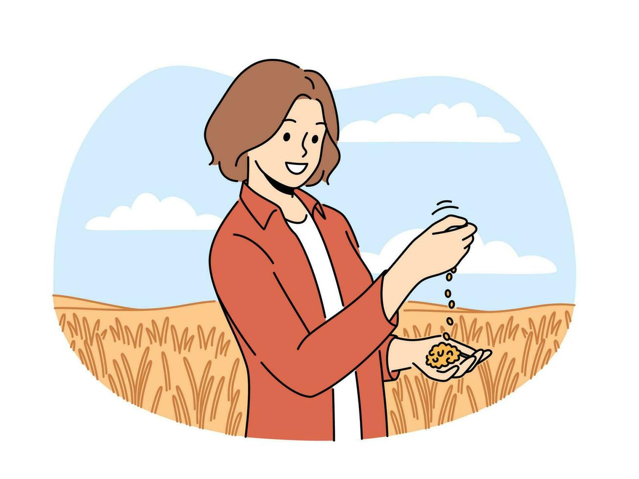 femmina contadino ispezionare Ritaglia nel agricoltura campo. agronomo Guarda a raccogliere semi di soia nel piantagione. agricoltura e agronomia. vettore illustrazione.