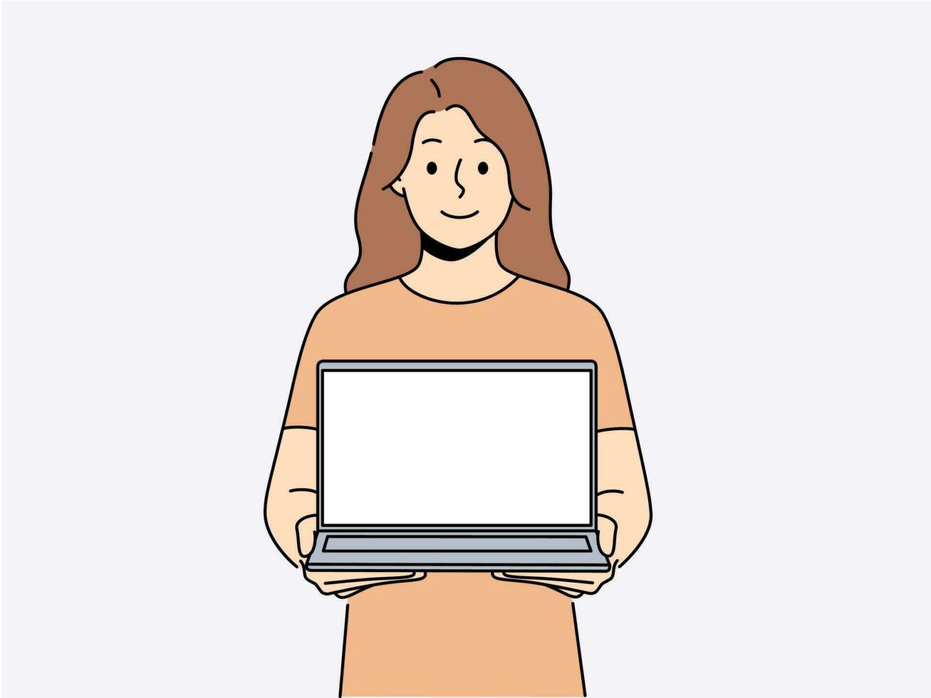 sorridente donna con Aperto il computer portatile. contento femmina utente con computer con vuoto modello schermo. tecnologia e pubblicità. vettore illustrazione.