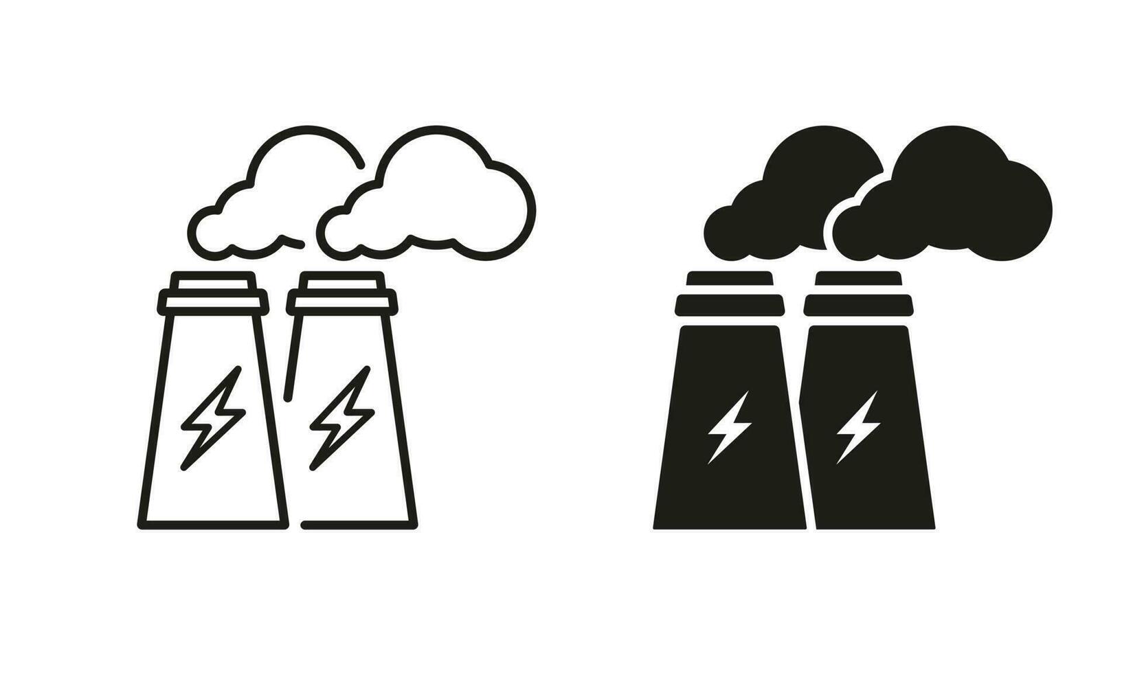 energia stazione linea e silhouette icona impostare. elettricità energia pittogramma. fabbrica industria edificio con Fumo simbolo collezione su bianca sfondo. energia pianta. isolato vettore illustrazione.