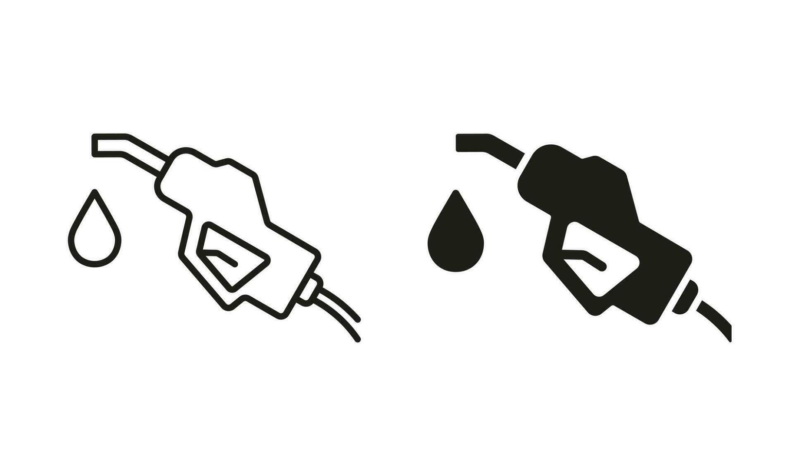 carburante ugello titolare con tubo flessibile su benzina stazione linea e silhouette icona impostare. petrolio energia pompa su gas stazione simbolo su bianca sfondo. fossile riempire ugello. isolato vettore illustrazione.
