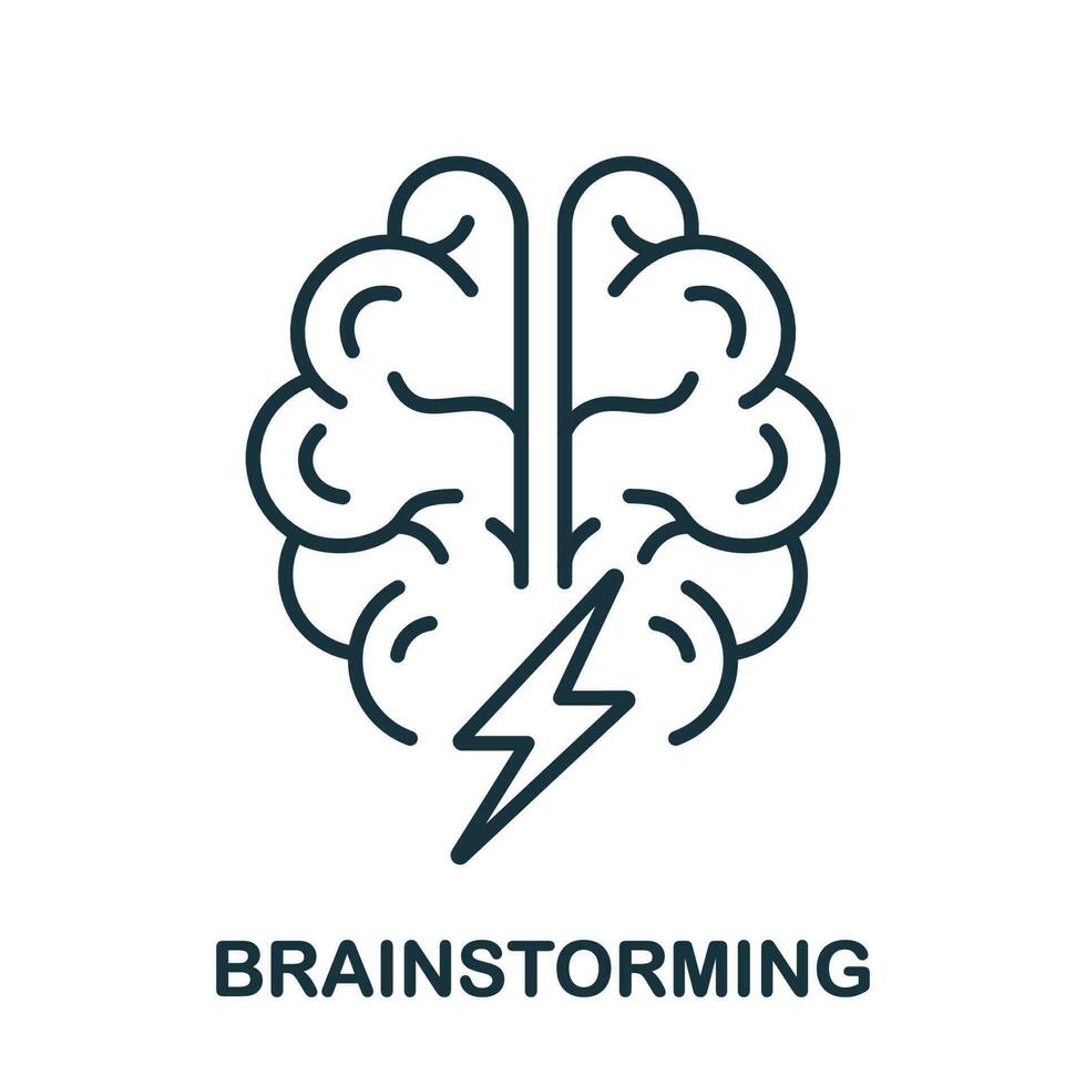 brainstorming linea icona. umano cervello con fulmine lineare pittogramma. pensare di creativo idea schema cartello. brainstorming, intellettuale processi simbolo. modificabile ictus. isolato vettore illustrazione.