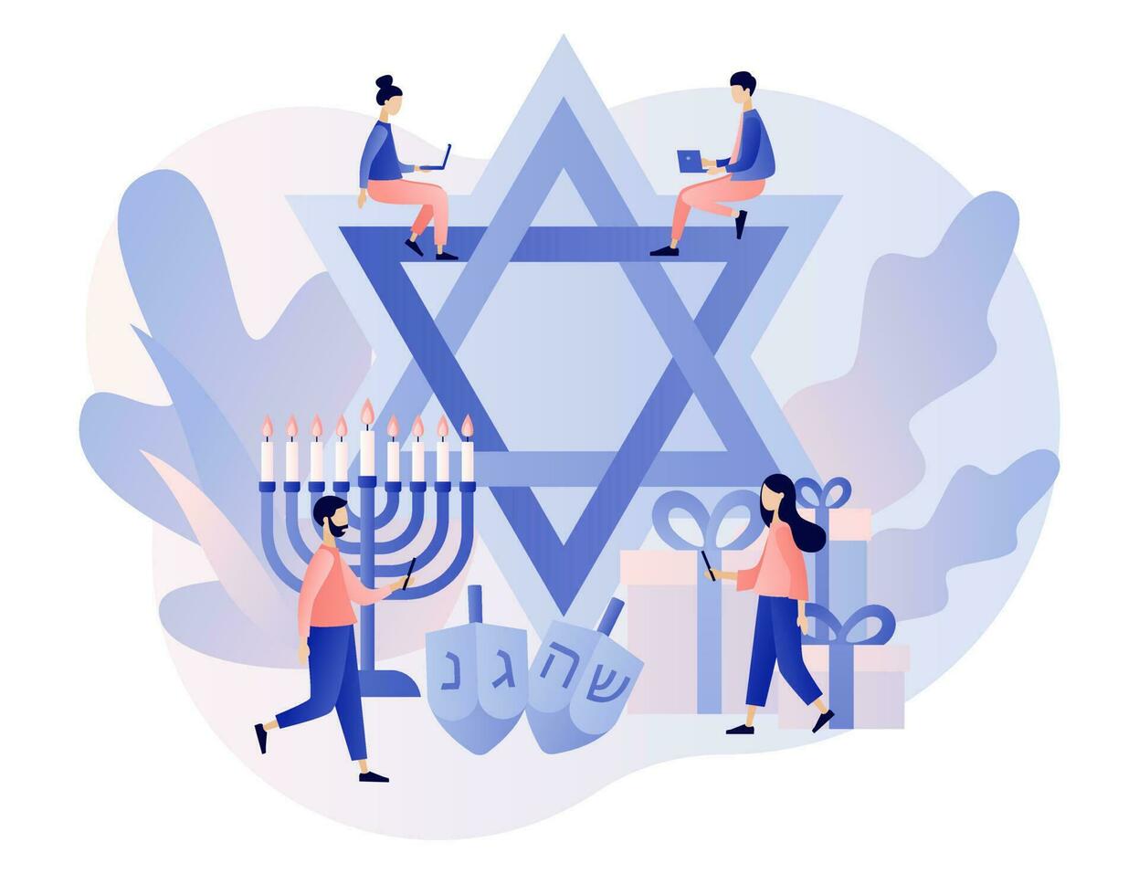 contento hanukkah. grande stella davide. tradizionale ebraico vacanza con minuscolo persone e simboli - menorah candele, dreidels Filatura superiore. moderno piatto cartone animato stile. vettore illustrazione su bianca sfondo