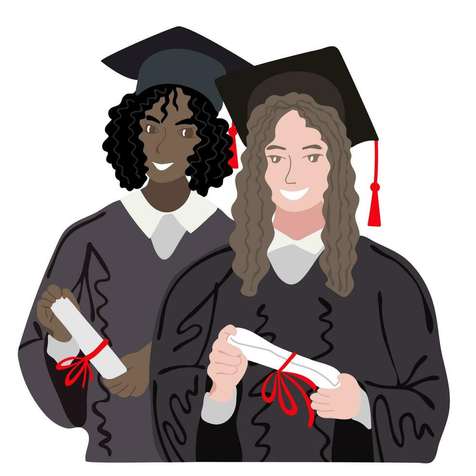contento studenti con diplomi indossare accademico toga e la laurea berretto vettore