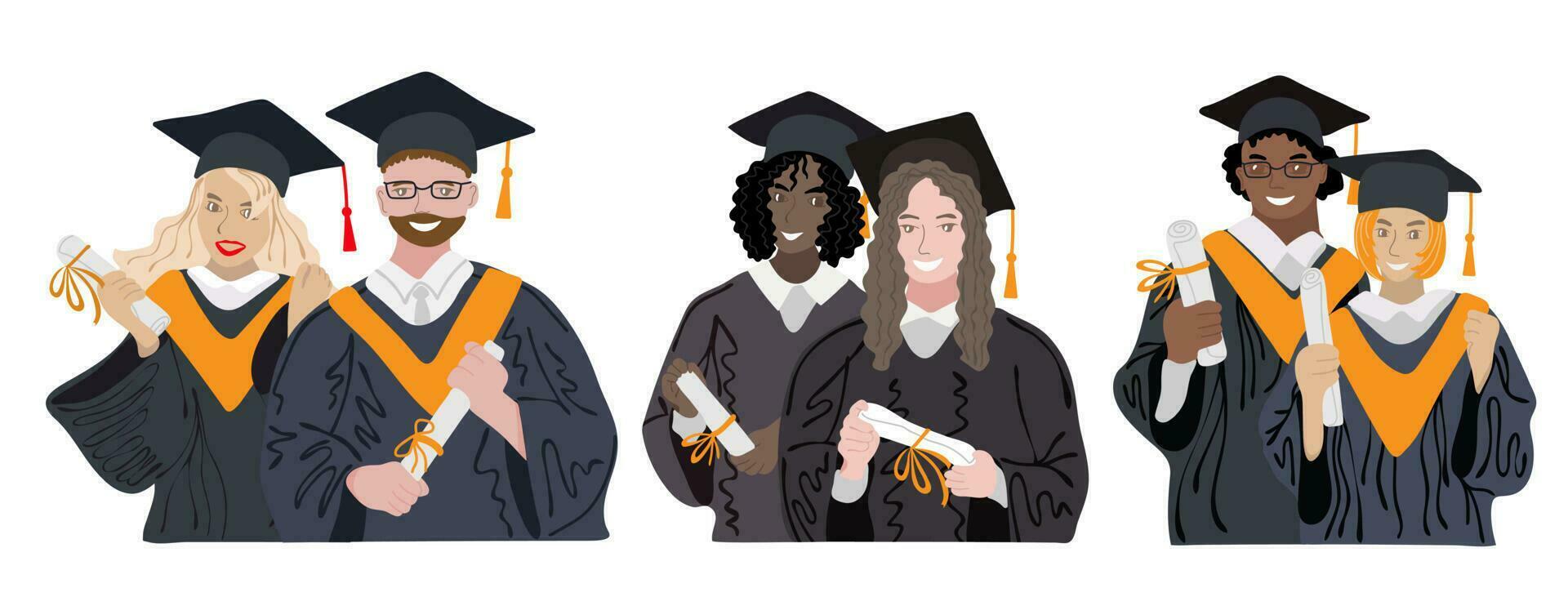 diverso etnico laureato studenti. contento studenti con diplomi indossare accademico toga e la laurea berretto, gruppo con formazione scolastica certificato vettore