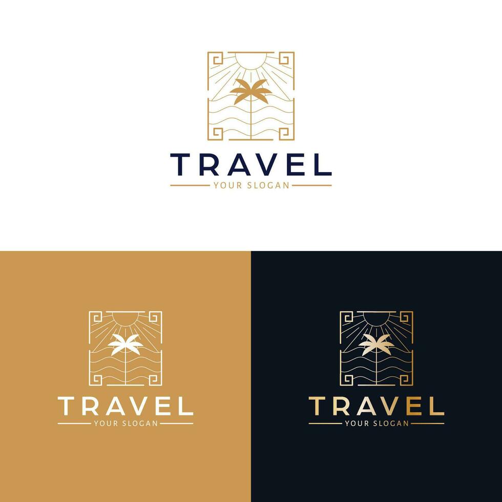 viaggio vettore logo design. palma albero e oceano logotipo. moderno tropicale logo modello.