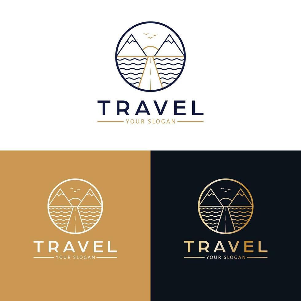 viaggio vettore logo design. montagne, mare e strada logotipo. natura paesaggio cerchio logo modello.